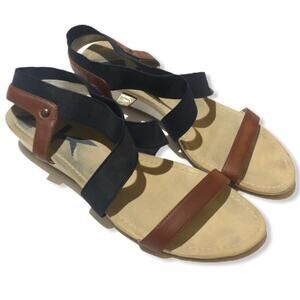 Anne Klein Sport Wedge Slip On Open Toe Sandal Shoe Navy Brown Womens 11 Casual